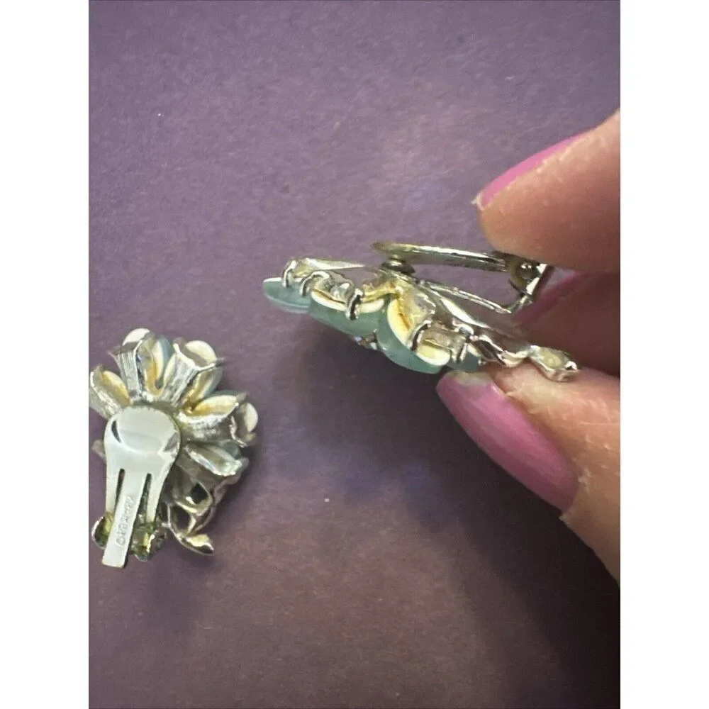 KRAMER Vintage Blue/AB Rhinestone Flower Clip On Earrings Signed